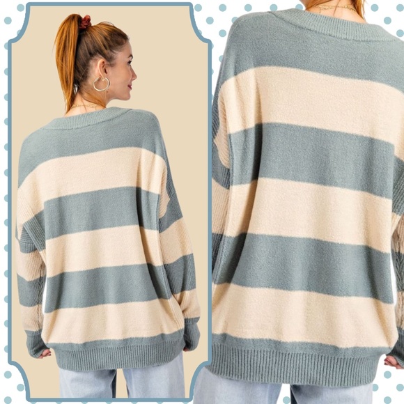 EASEL Wide Striped Sweater Ribbed Hems Wide Neckline Long Loose Fit Tunic Style - Picture 4 of 14